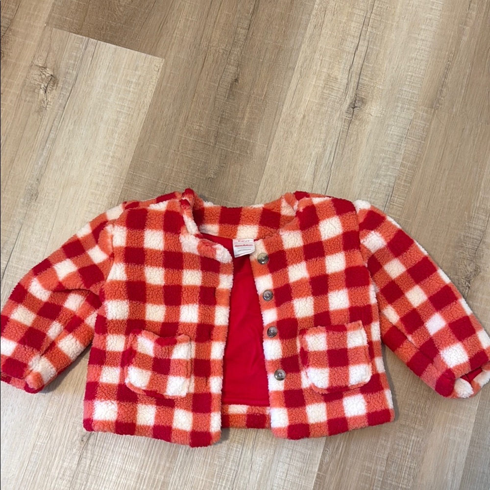 Hanna Andersson Red and White Sherpa Jacket with Buffalo Check Pattern